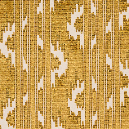 Golden yellow ikat-inspired woven fabric with vertical stripes and geometric motifs; great for upholstery or drapery.