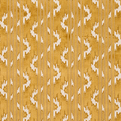 Gold and ivory ikat damask wallpaper with vertical stripes and geometric motifs for an ornate wall accent.