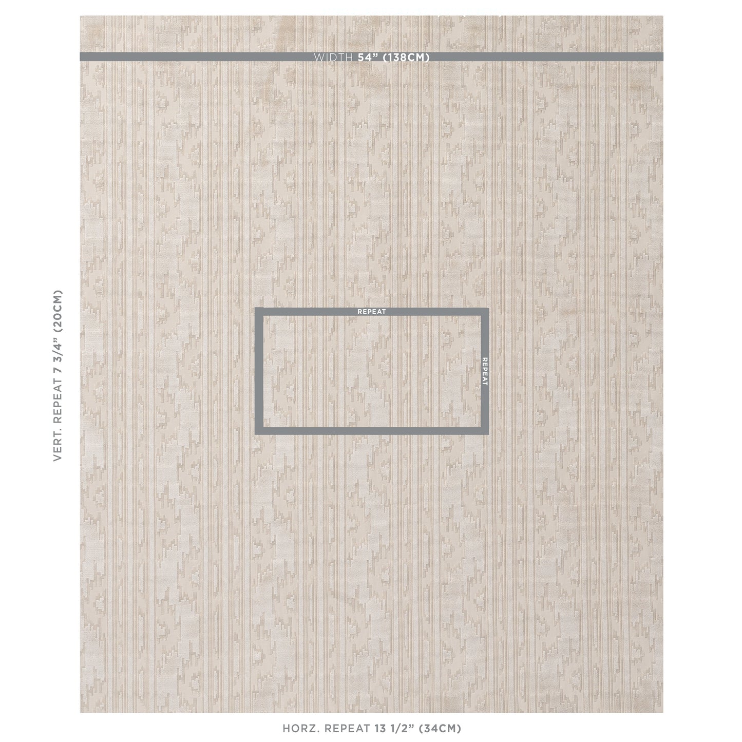 Beige woodgrain wallpaper panel (sample) with vertical planks and a gray center repeat box; natural wood-look wall covering.