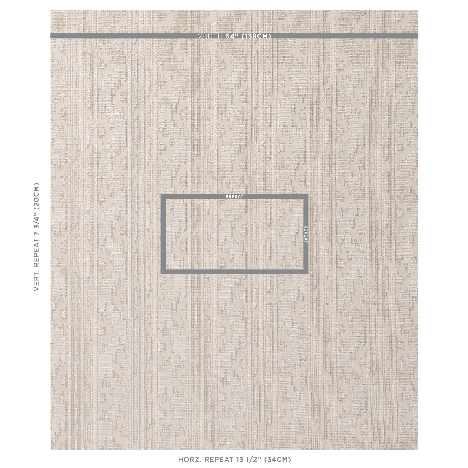 Beige woodgrain wallpaper panel (sample) with vertical planks and a gray center repeat box; natural wood-look wall covering.