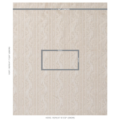 Beige woodgrain wallpaper panel (sample) with vertical planks and a gray center repeat box; natural wood-look wall covering.
