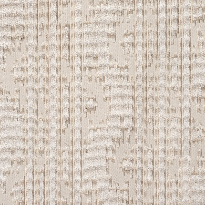 Beige textured fabric with vertical stripes and subtle damask motifs; neutral cream-tan upholstery or wallcovering.