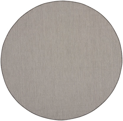Round gray rug with a modern design, 8 ft diameter.