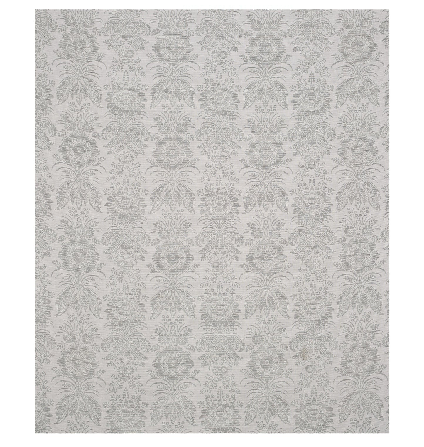 Light gray damask wallpaper with intricate floral motifs forming repeating vertical columns.