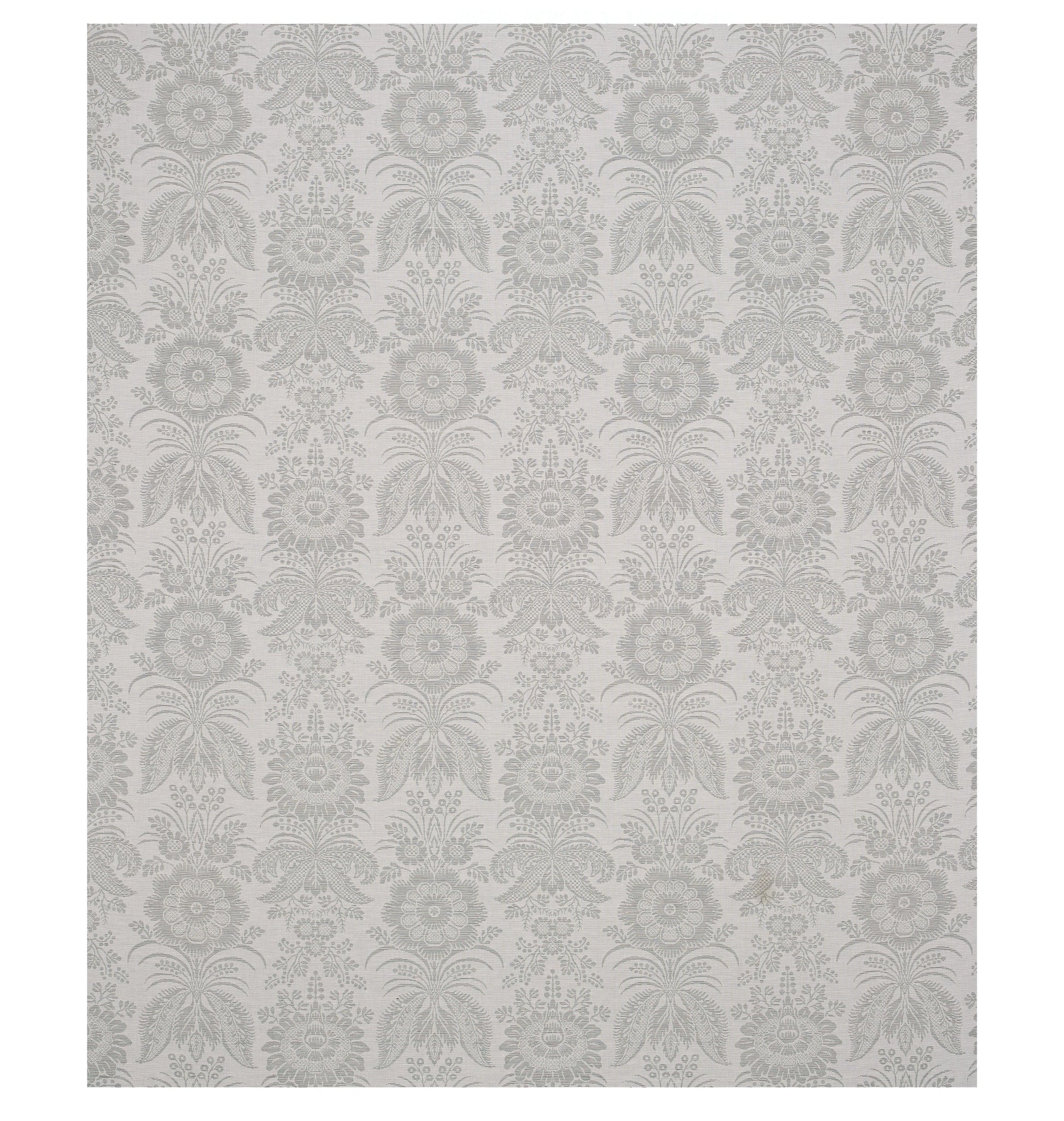 Light gray damask wallpaper with intricate floral motifs forming repeating vertical columns.