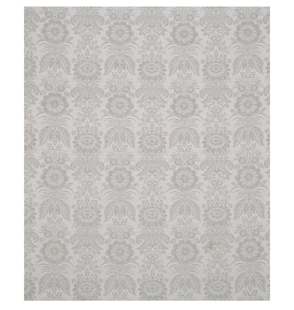 Light gray damask wallpaper with intricate floral motifs forming repeating vertical columns.