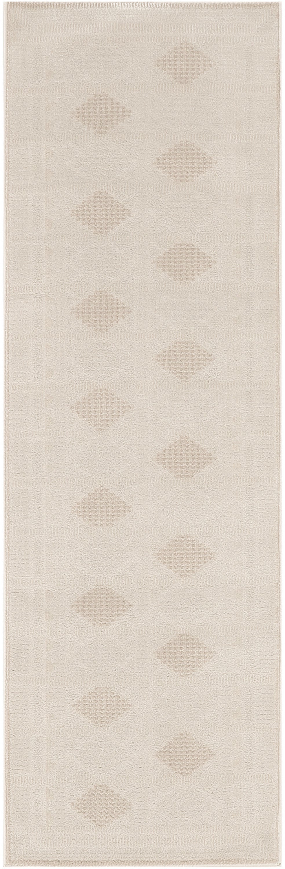 Soft beige textured runner rug with light tan diamond motifs running lengthwise.