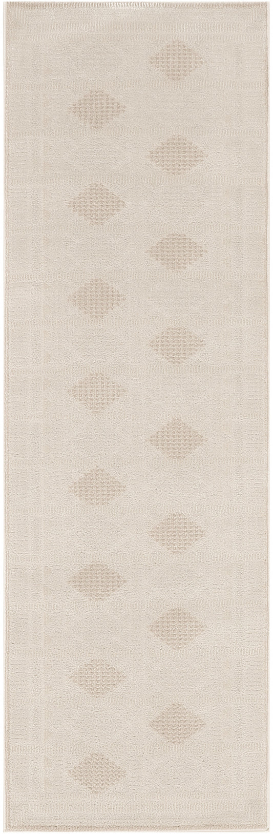 Soft beige textured runner rug with light tan diamond motifs running lengthwise.