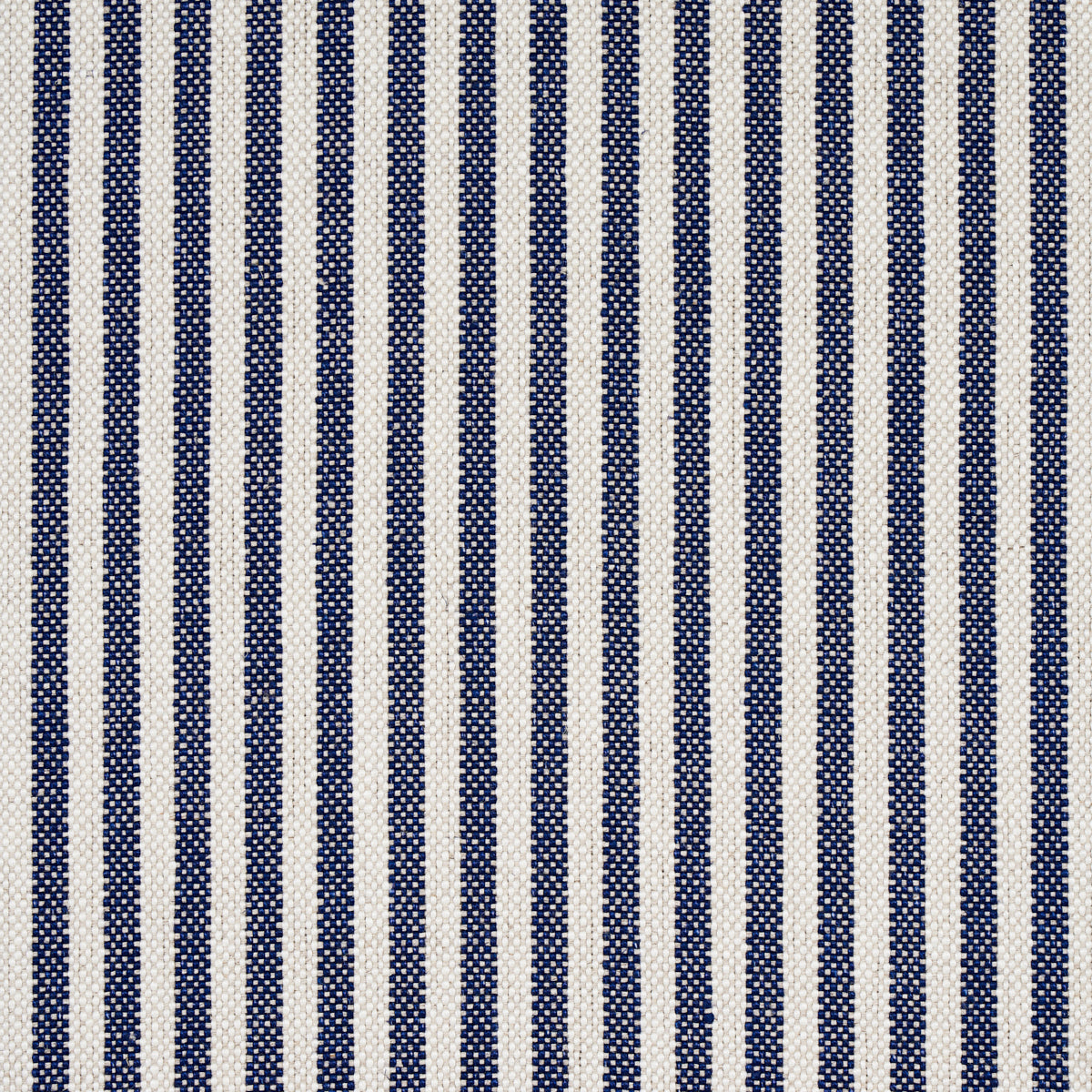 Vertical navy blue and ivory striped woven fabric with a dotted texture.