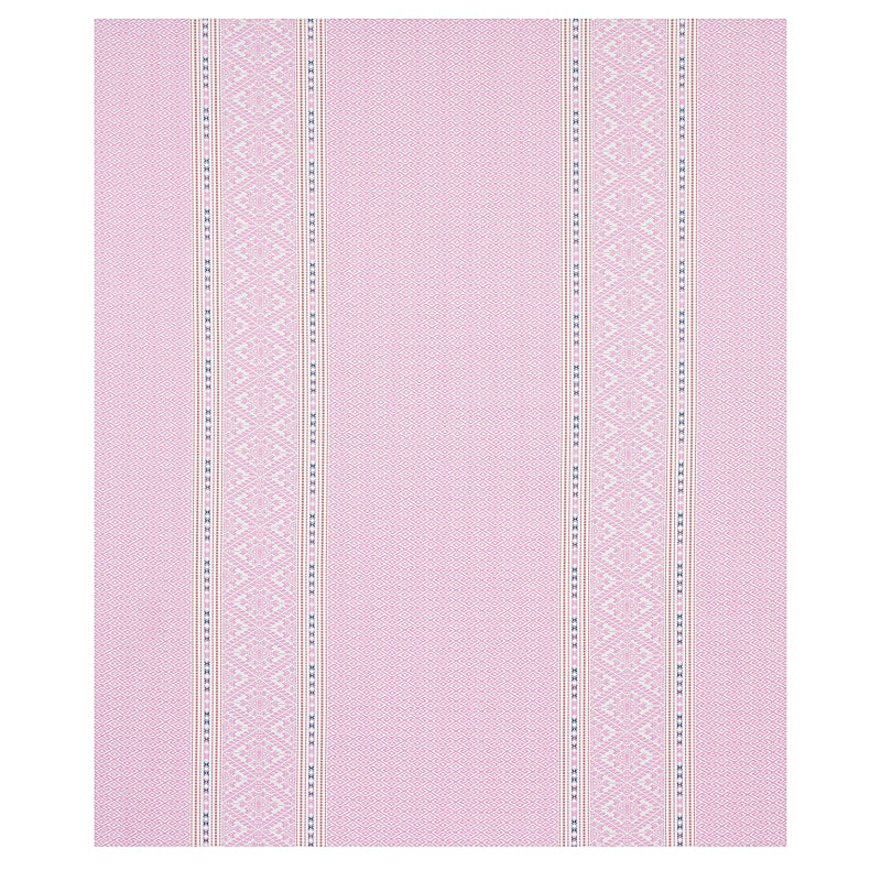 Pink woven fabric swatch with narrow cream and blue vertical geometric stripes.