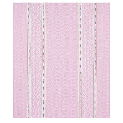 Pink woven fabric swatch with narrow cream and blue vertical geometric stripes.