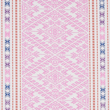 Decorative pink diamond-pattern rug on ivory background with brown border stripes and blue/purple accents.