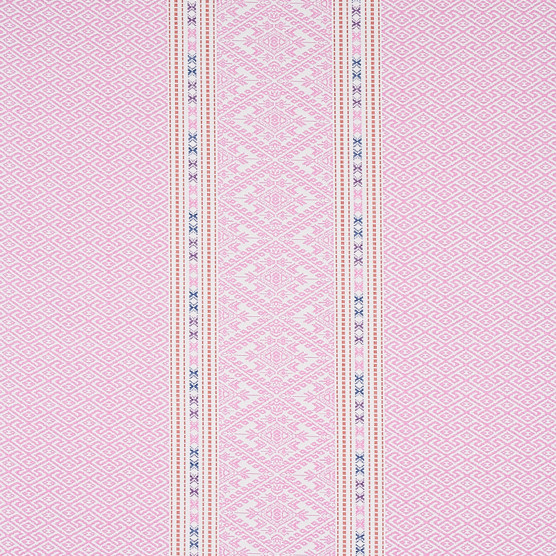 Pink textile with a central white diamond stripe, thin blue borders, and pale pink lattice background.
