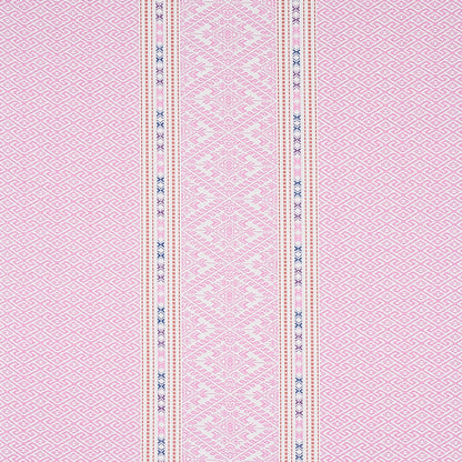 Pink textile with a central white diamond stripe, thin blue borders, and pale pink lattice background.