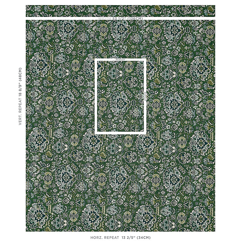 Dark green wallpaper with intricate cream and pale-blue damask floral pattern in a repeating ornate motif.