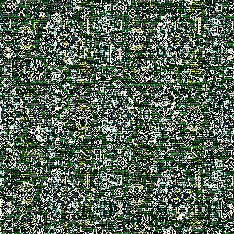 Green oriental rug pattern with white and olive floral medallions; dense decorative textile for decor or upholstery.