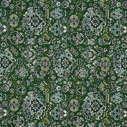 Green oriental rug pattern with white and olive floral medallions; dense decorative textile for decor or upholstery.