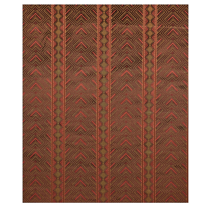 Brown woven rug featuring repeating vertical red chevron stripes and gold geometric borders.