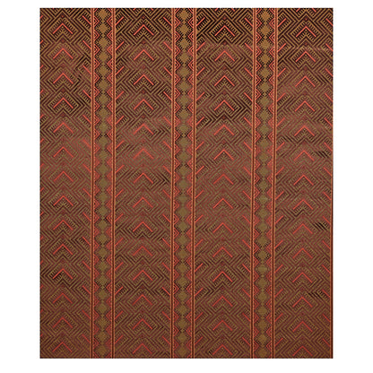 Brown woven rug featuring repeating vertical red chevron stripes and gold geometric borders.