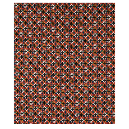 Geometric diamond pattern fabric in red, black, orange, blue and white; dense tribal textile for upholstery or clothing.