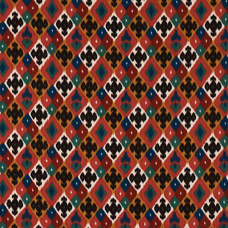 Colorful diamond-pattern fabric with red, orange, teal, blue and black motifs; geometric tribal print.