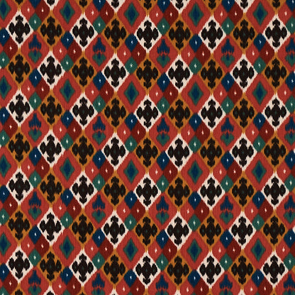 Colorful diamond-pattern fabric with red, orange, teal, blue and black motifs; geometric tribal print.