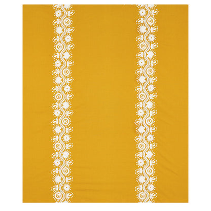 Rectangular mustard yellow textile with white lace-like vertical floral borders on both edges; boho table runner.