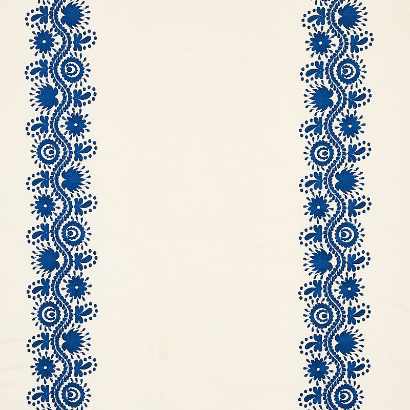 Cream fabric with two navy blue floral lace borders along both edges; vintage decorative border pattern.