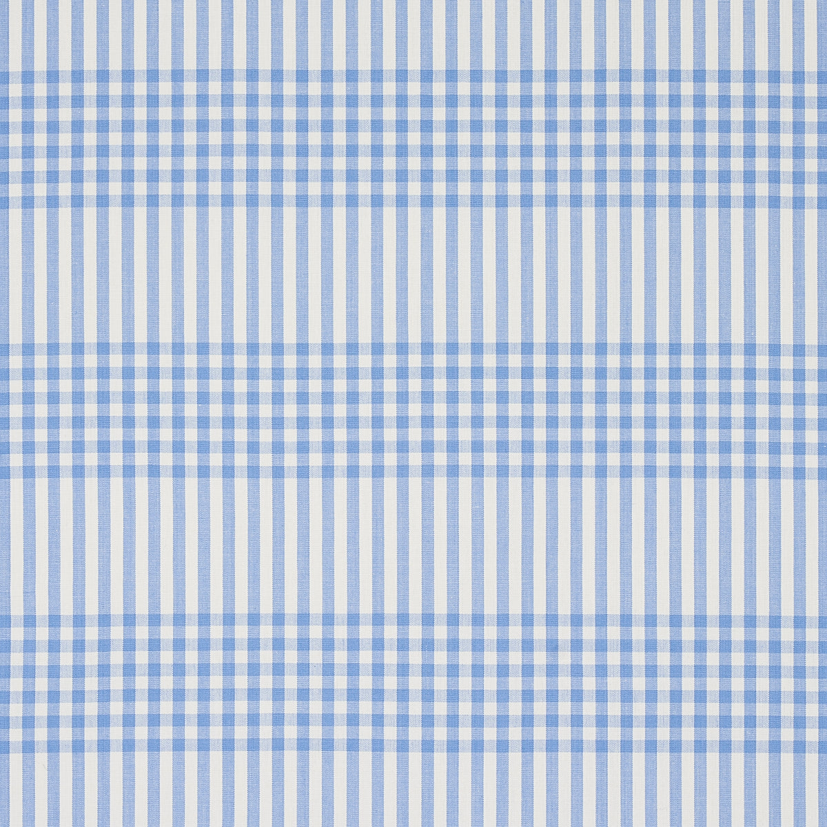 Blue and white gingham fabric with classic check pattern, woven cotton look.