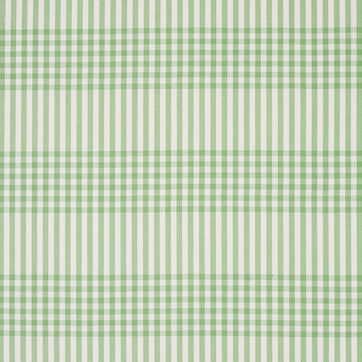 Green and white gingham fabric with alternating checks, classic casual textile for tablecloths or shirts.