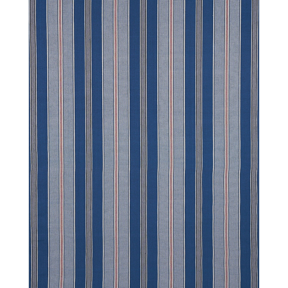 Rectangular textile with vertical navy and light blue stripes, accented by thin white and red lines.