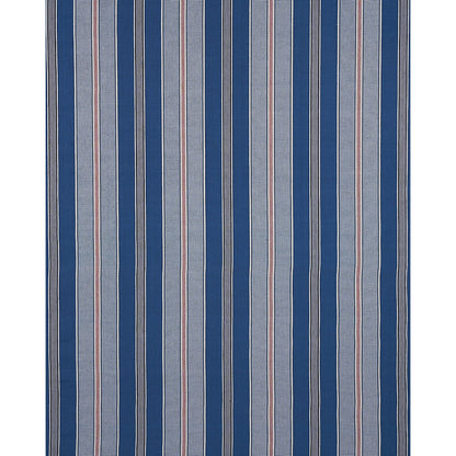Rectangular textile with vertical navy and light blue stripes, accented by thin white and red lines.