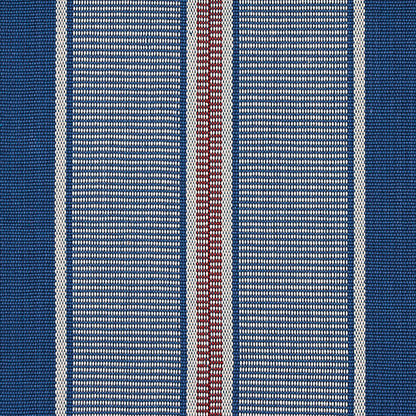 Close-up blue woven fabric with vertical stripes: dark blue sides, white pinstripes, and a central red stripe.