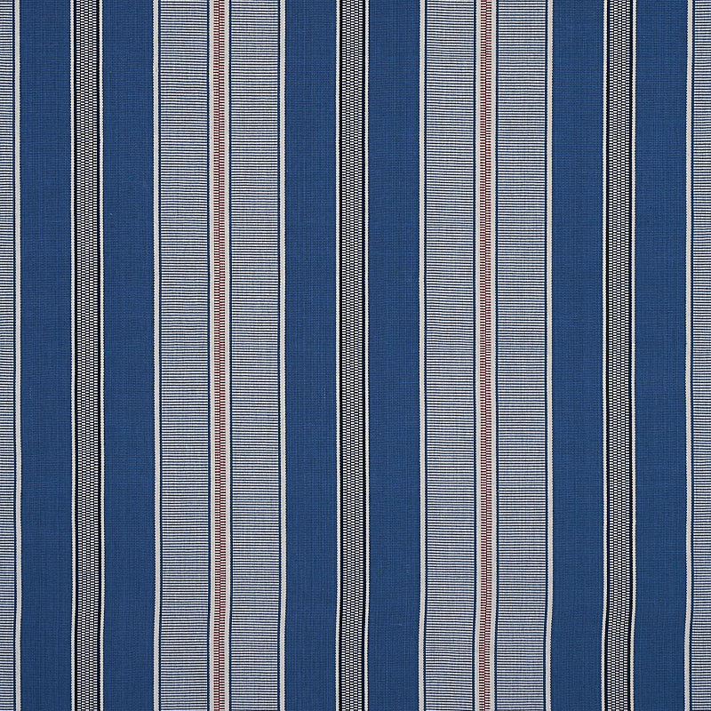 Woven fabric with navy blue and pale blue vertical stripes; nautical-style material for curtains or upholstery.