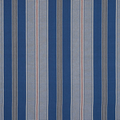 Woven fabric with navy blue and pale blue vertical stripes; nautical-style material for curtains or upholstery.