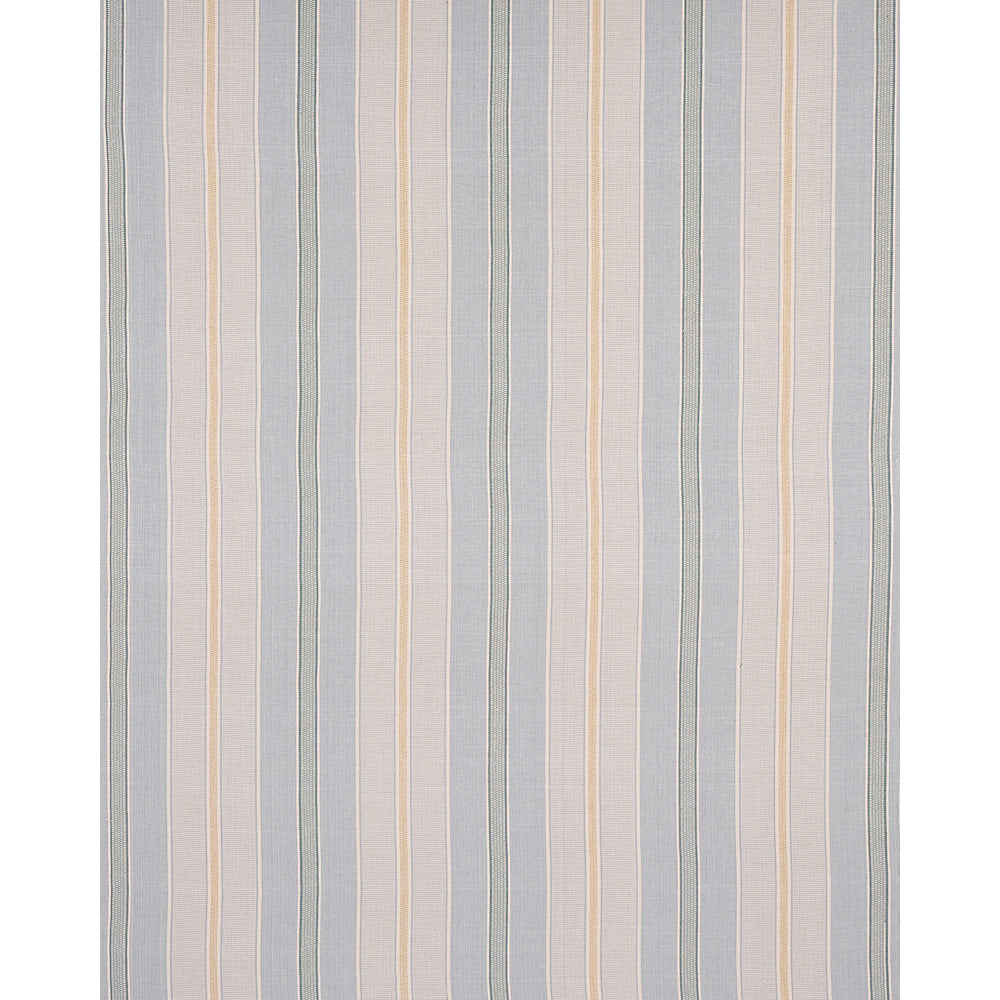 Striped rug with pastel vertical stripes in pale blue, gray and peach; soft woven texture.