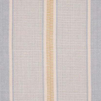 Woven striped fabric with pale blue, cream and gold vertical stripes; linen-like texture.