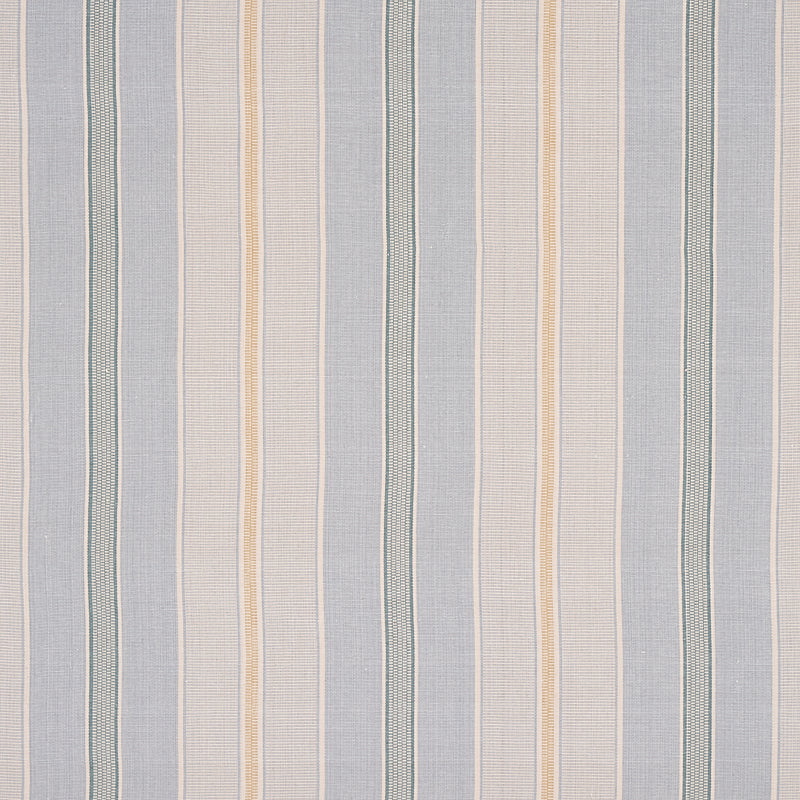 Woven striped fabric in pale blue, white and pale yellow with vertical pattern, ideal for curtains or upholstery.