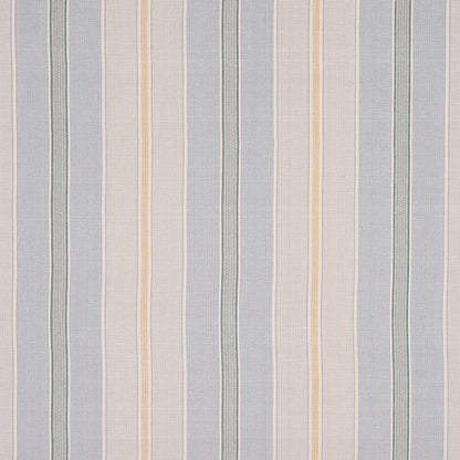 Woven striped fabric in pale blue, white and pale yellow with vertical pattern, ideal for curtains or upholstery.