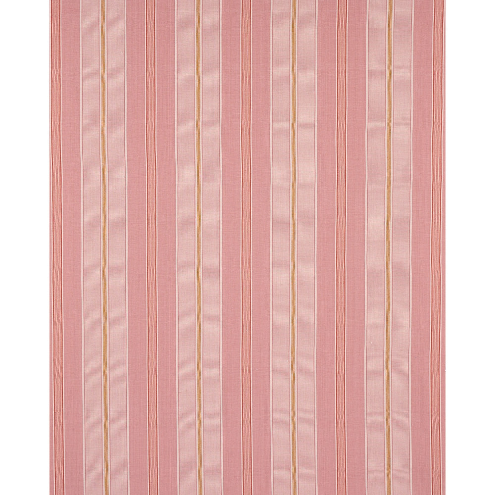 Pink-striped rug with vertical peach and rose bars and gold accents; woven textile for home decor.