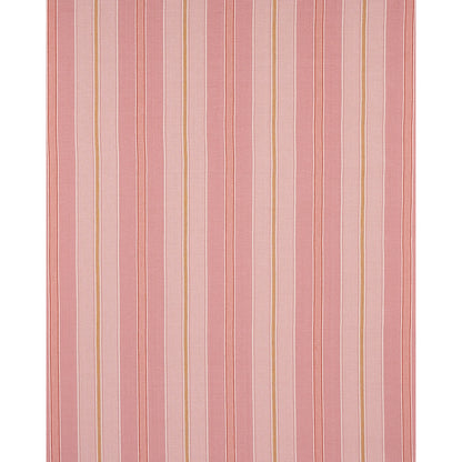 Pink-striped rug with vertical peach and rose bars and gold accents; woven textile for home decor.