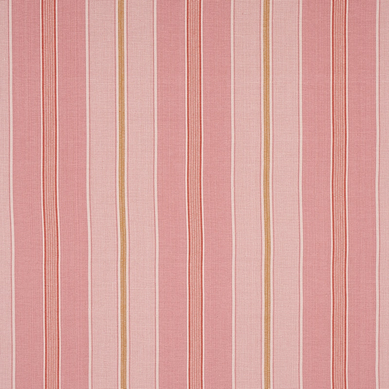 Pink striped woven fabric with alternating light and dark pink vertical bands and thin gold pinstripes, ideal for upholstery.