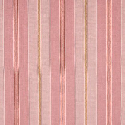 Pink striped woven fabric with alternating light and dark pink vertical bands and thin gold pinstripes, ideal for upholstery.