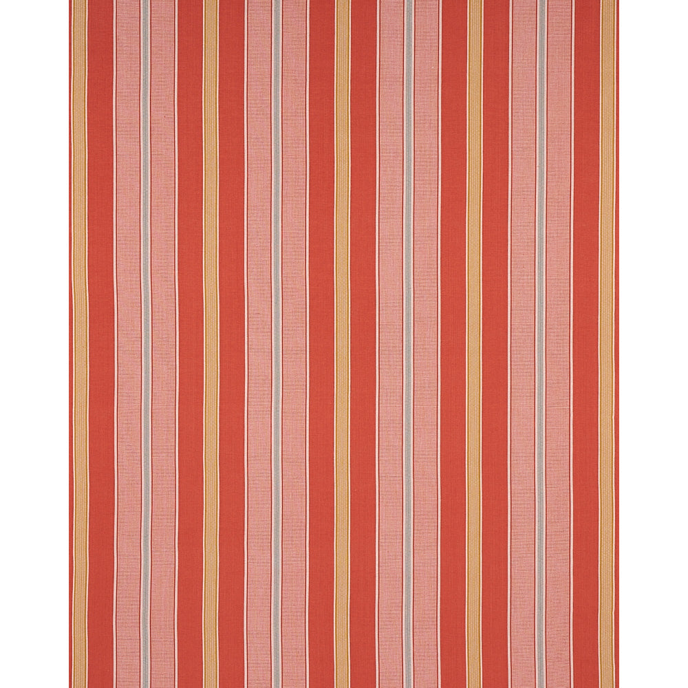 Vertical striped textile in red, pink, orange and yellow with tan borders; bold retro home decor fabric.