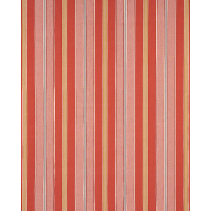 Vertical striped textile in red, pink, orange and yellow with tan borders; bold retro home decor fabric.