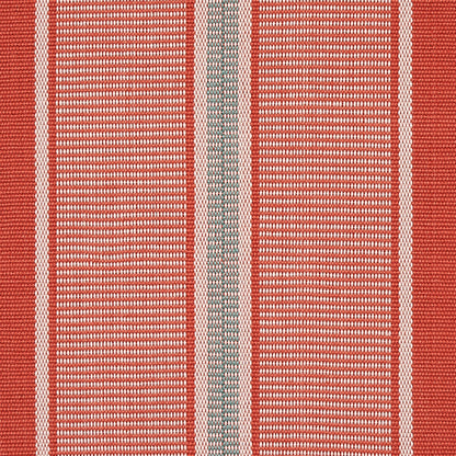 Red woven textile with vertical stripes, cream dotted panels and a pale blue-gray center band; rug or table runner.