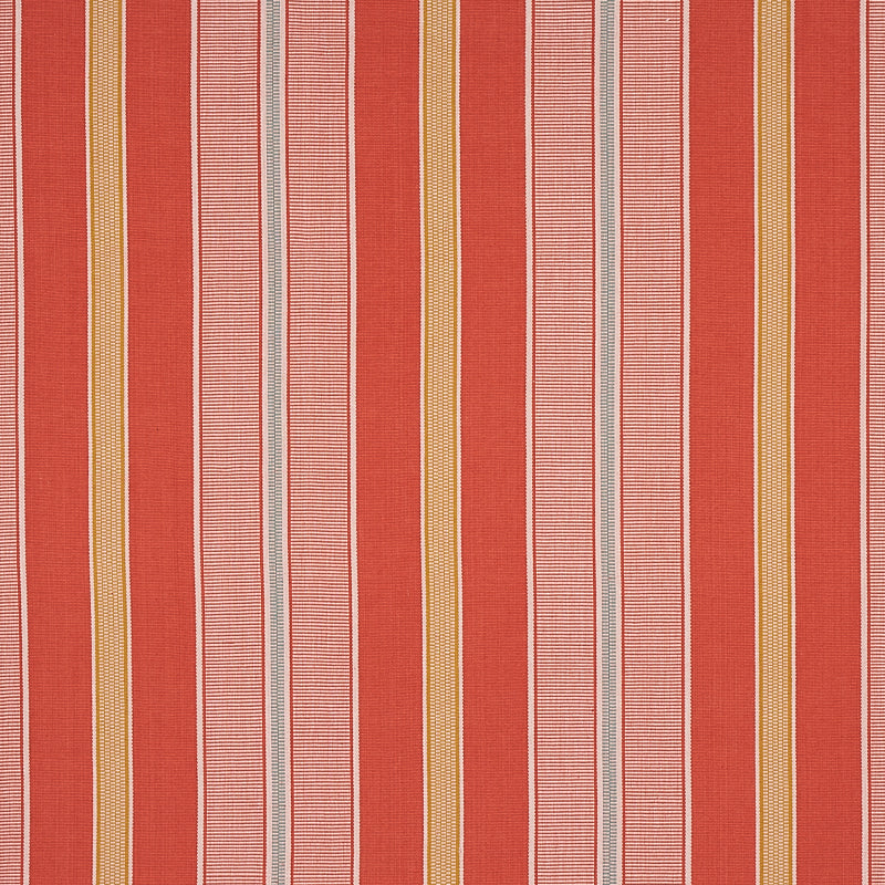 Red-orange striped fabric with pale pink and gold thin stripes; woven textile for upholstery or curtains.