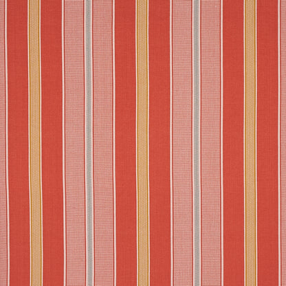 Red-orange striped fabric with pale pink and gold thin stripes; woven textile for upholstery or curtains.