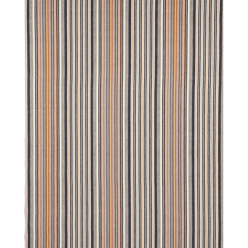 Rectangular woven rug with vertical multicolor stripes in cream, navy, taupe, black and burnt orange.