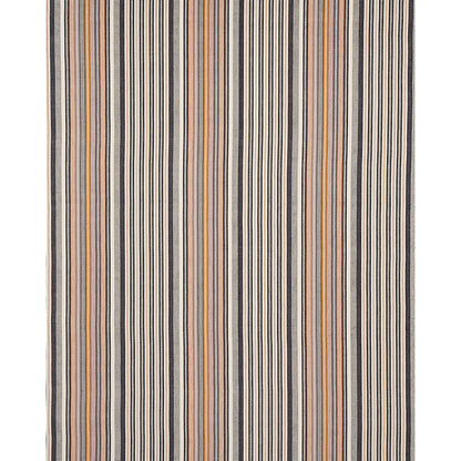Rectangular woven rug with vertical multicolor stripes in cream, navy, taupe, black and burnt orange.
